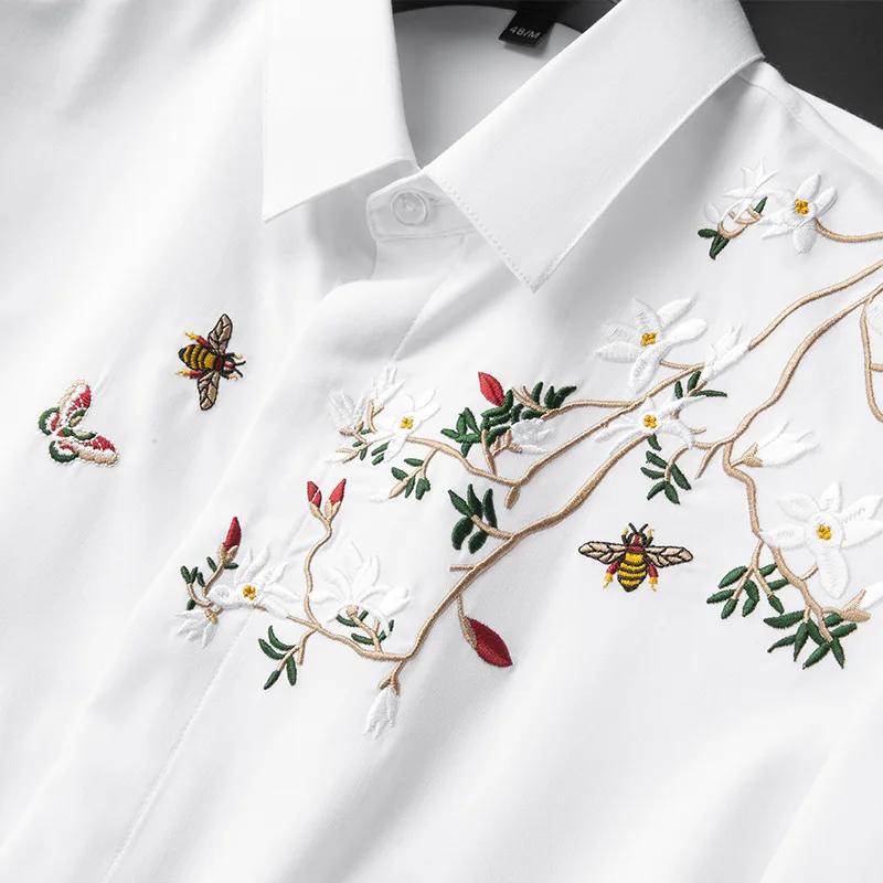 Flower And Bird Embroidered Luxury Shirt Men\'s Long Sleeve Spring And Autumn Slim Fit Anti Wrinkle Trend Evening Dress Top