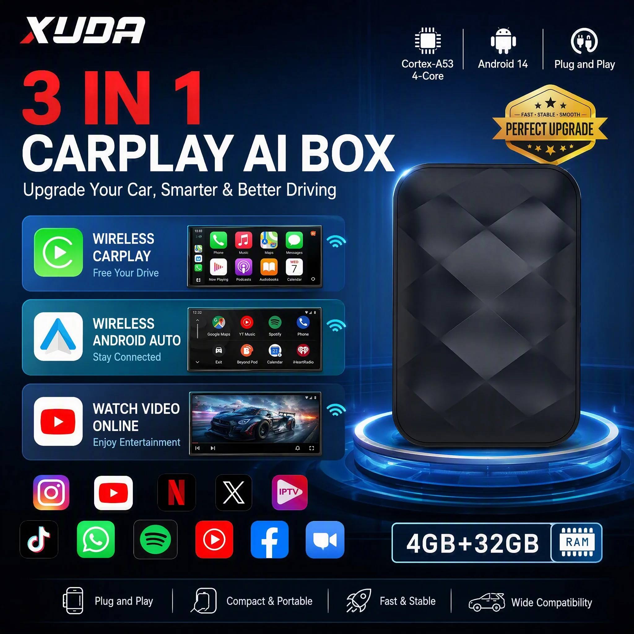XUDA 3in1 Wireless Adapter Android Auto and CarPlay with Android 14 for YouTube and Netflix – Universal TV Box – Plug-and-Play