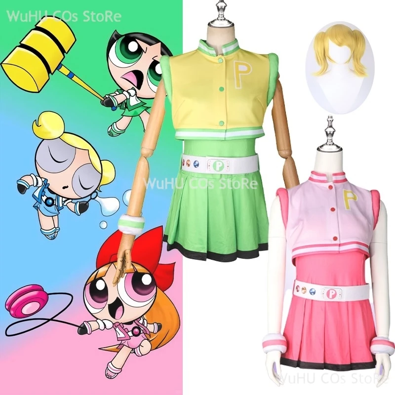 Disfraz de Cosplay Power Cos Puff para niñas, Hyper Blossom Rolling Bubbles, chaleco, abrigo, atuendo, diadema, guantes, cinturón, peluca para mujeres