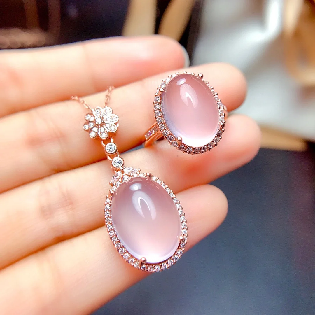 

High-end Jade Oval Pendant Necklace For Lady Engagement Accessories Set Fashion Princess Pink Jade Necklace Women Jewelry