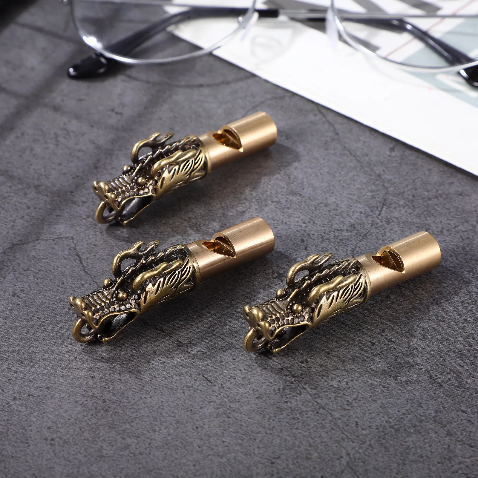 

3Pcs Brass Dragon Whistle Keychain Vintage Chinese Dragon Head Design Loud Emergency Survival Whistle Camping Hiking Signal