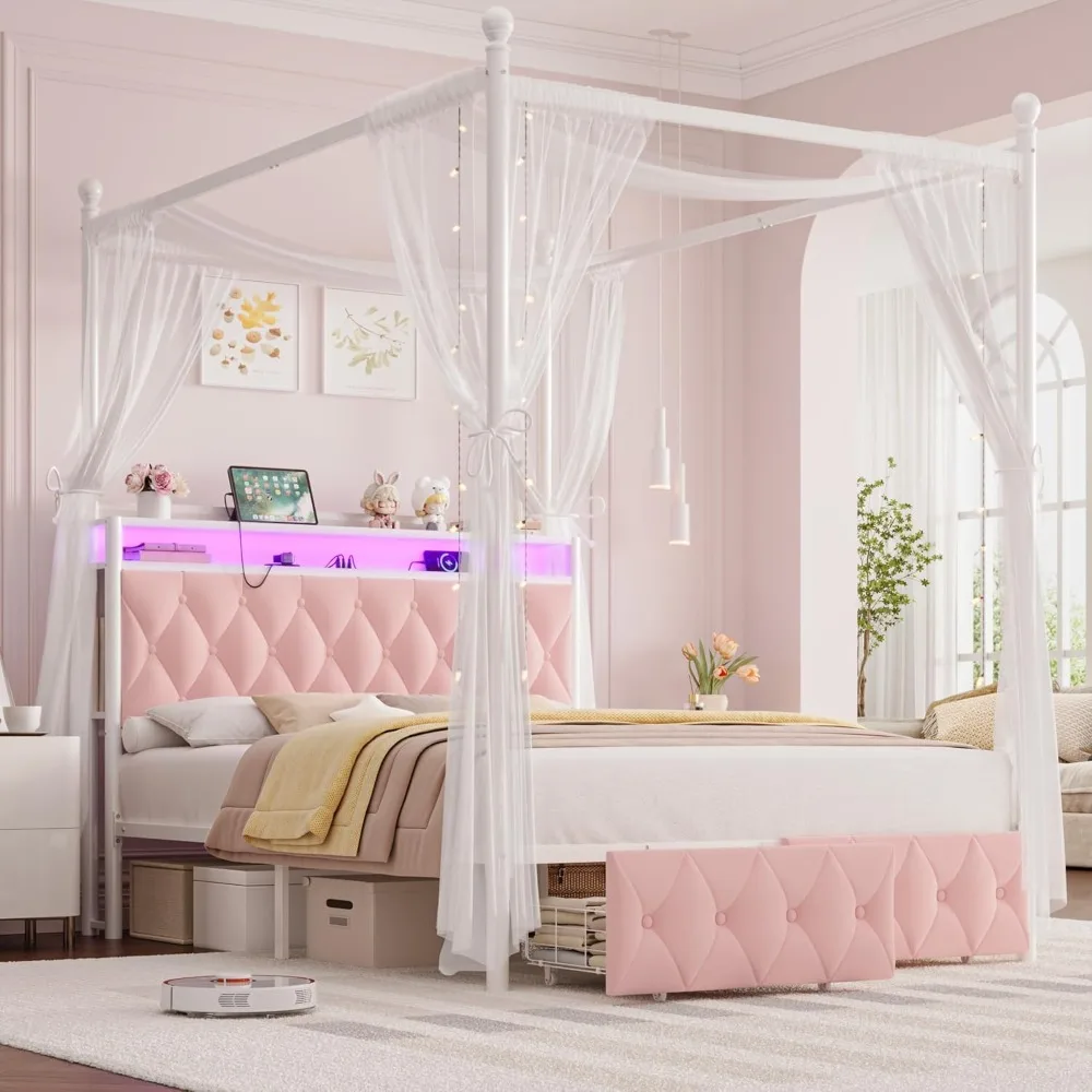 هيكل سرير بمظلة LED منجد بحجم كوين من HIFIT مع محطة تخزين وشحن، لوح رأسي للتخزين معنقدة بأزرار مع كتب