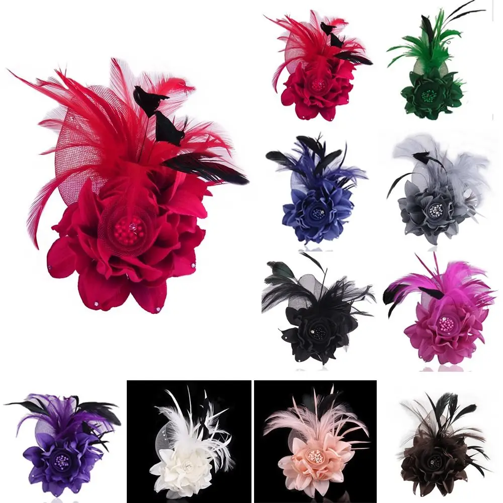 Simulated Net Flowers Fascinator Hat Vintage Multi-color Feather Tea Party Headband Feather Hairpin Wedding