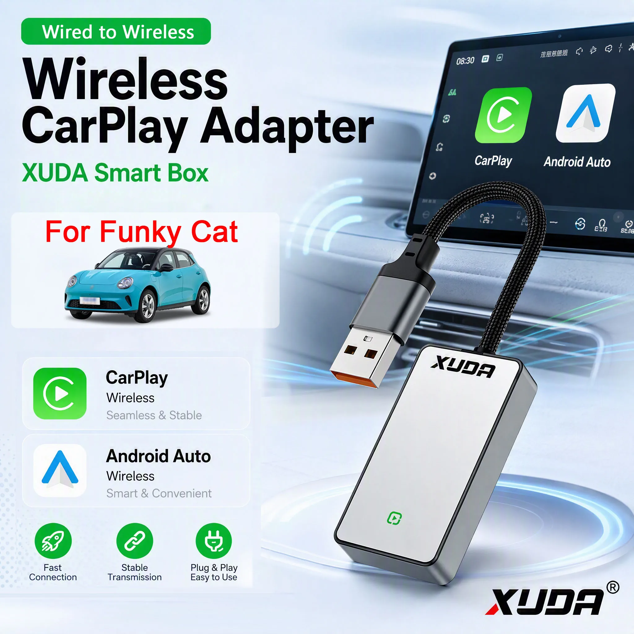 XUDA Apple CarPlay Android Auto Smart Box For ORA Funky Cat,WiFi BT.Music Multilingual Google Map Spotify Waze Voice Control.
