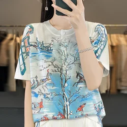 Thin Worsted Wool Short-Sleeved Women's Loose Round Neck T-shirt Printed Summer Fashion Knitted Bottoming Shirt Half-Sleeved