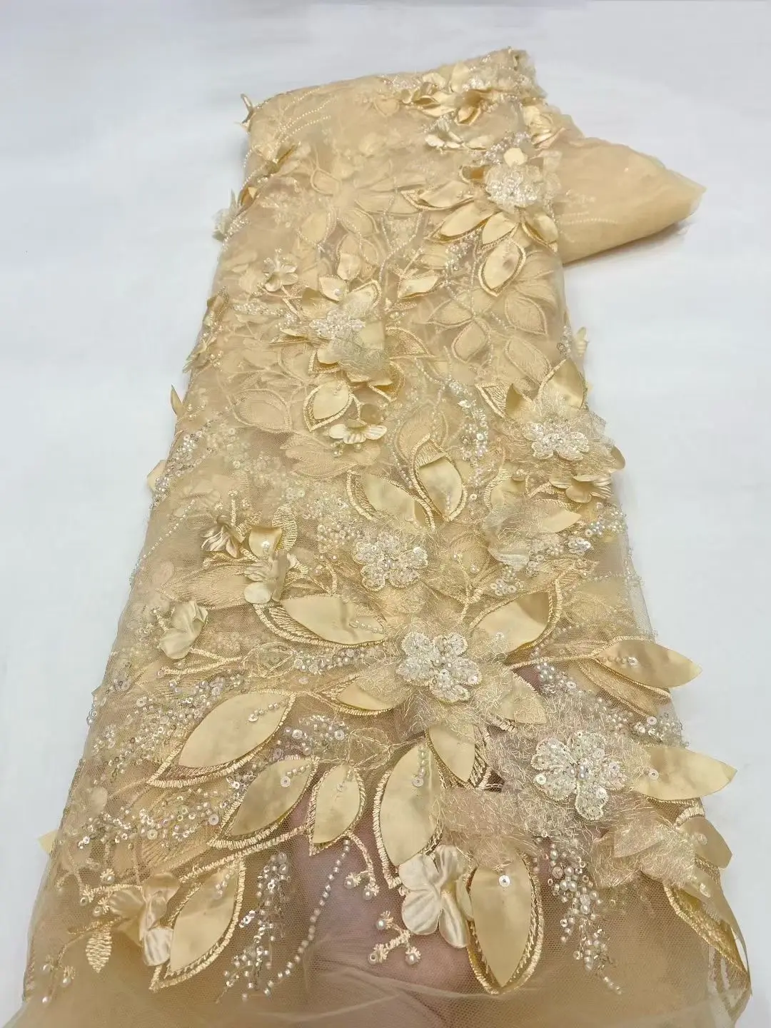 

Latest Gold Sequins Beaded 3D Flowers French Lace Fabric 2025 High Quality Handmade Beads 3D African Party Lace Fabric KXX25179