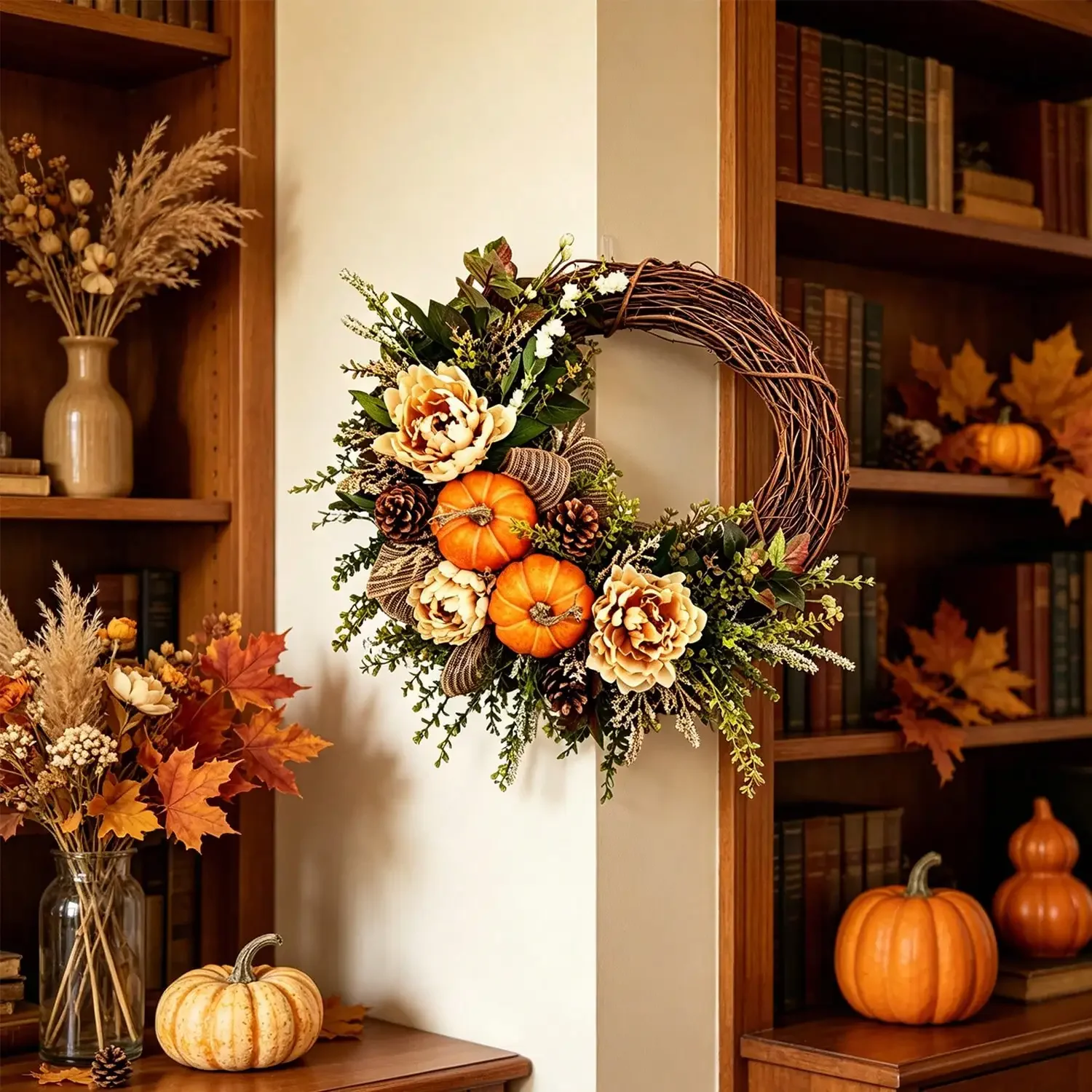 Fall, Thanksgiving Wreaths Decor, Pumpkin Leaves Floral Lovely Doll, Thanksgiving Holiday Decor, Suitable For Front Door, Indoor&Outdoor Decor, Windows, Walls, Family Party, Holiday Party Setup, Winter, Christmas Home Decor, Christmas