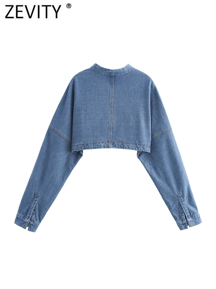 2024 Women Elegant Stand Collar Long Sleeve Short Crop Denim Coat Office Lady Long Sleeve Zipper Casual Wear Jacket tops CT6282