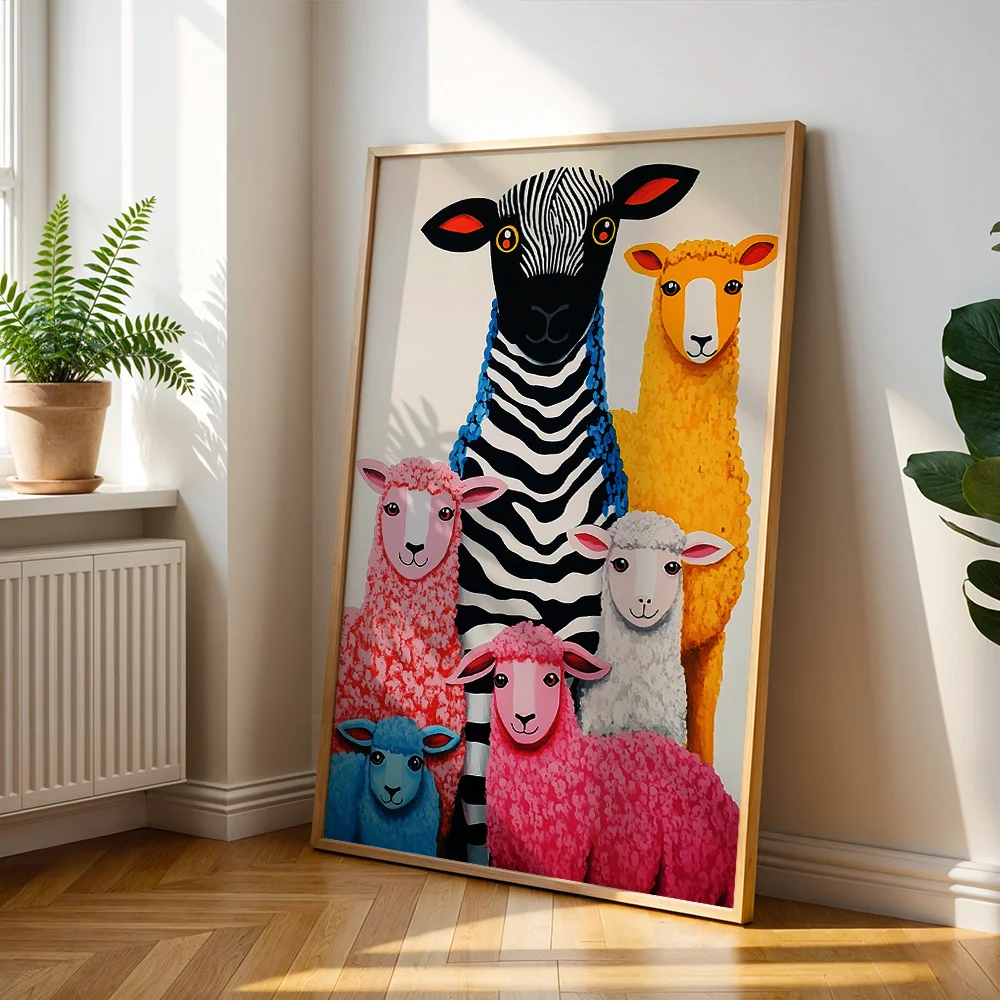 Modern Dopamine Sheep Art Print - Pink Blue Orange Pop Style Minimalist Sheep Canvas Painting for Living Room, Bedroom Decortion