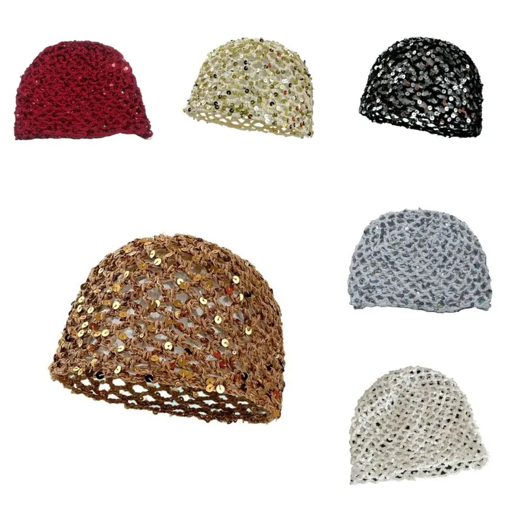 Hollow Knit Hollowed Out Beanie Hat Breathable Fringed Bohemian Style Beanies Y2K Korean Style Crochet Sequined Hat Dail