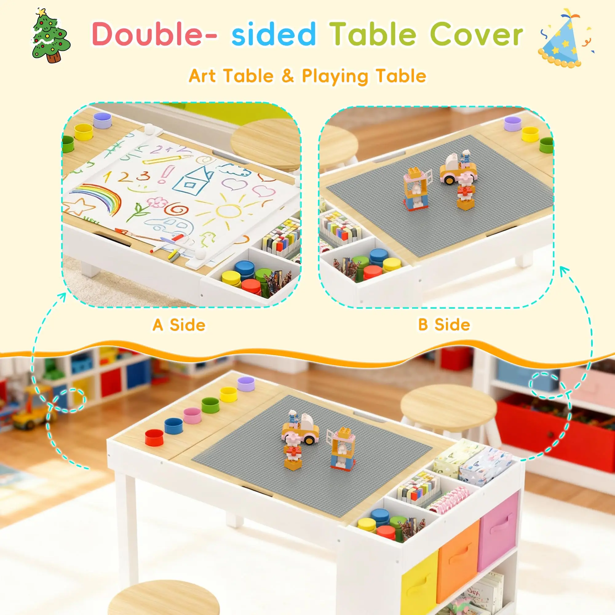 Art Table and 2 Chairs Set, 3-in-1 Toddler Activity Table with Storage