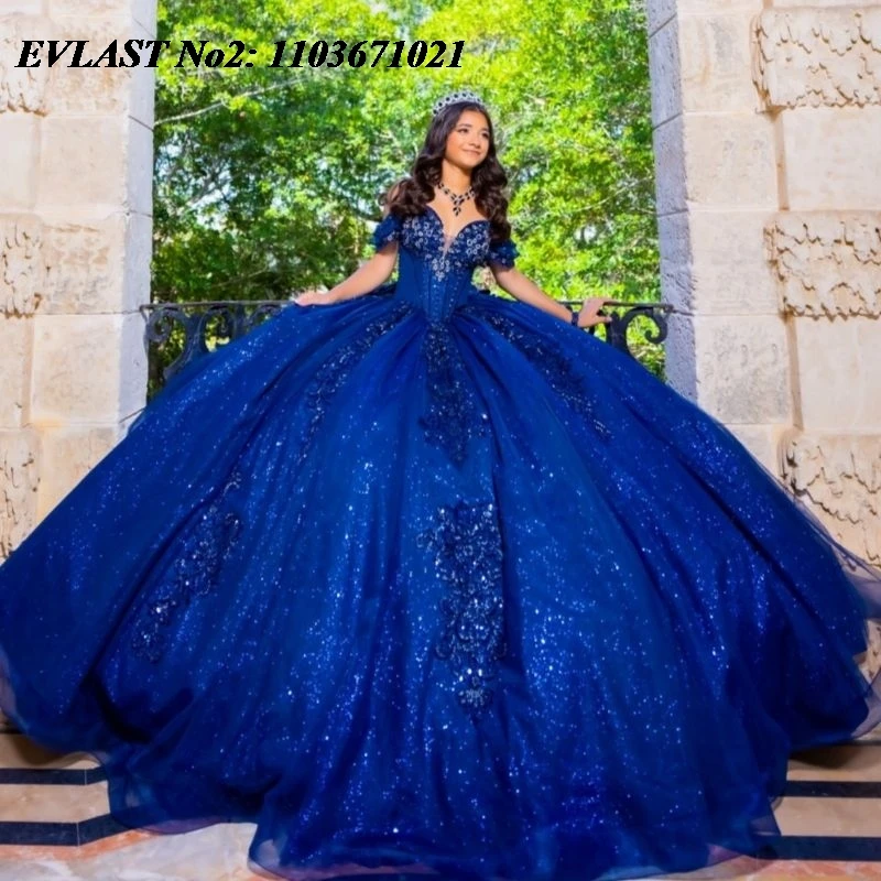 

EVLAST Customized Glitter Royal Blue Quinceanera Dress Ball Gown Lace Applique Beading Corset Sweet 16 Vestidos 15 Anos E2QA189