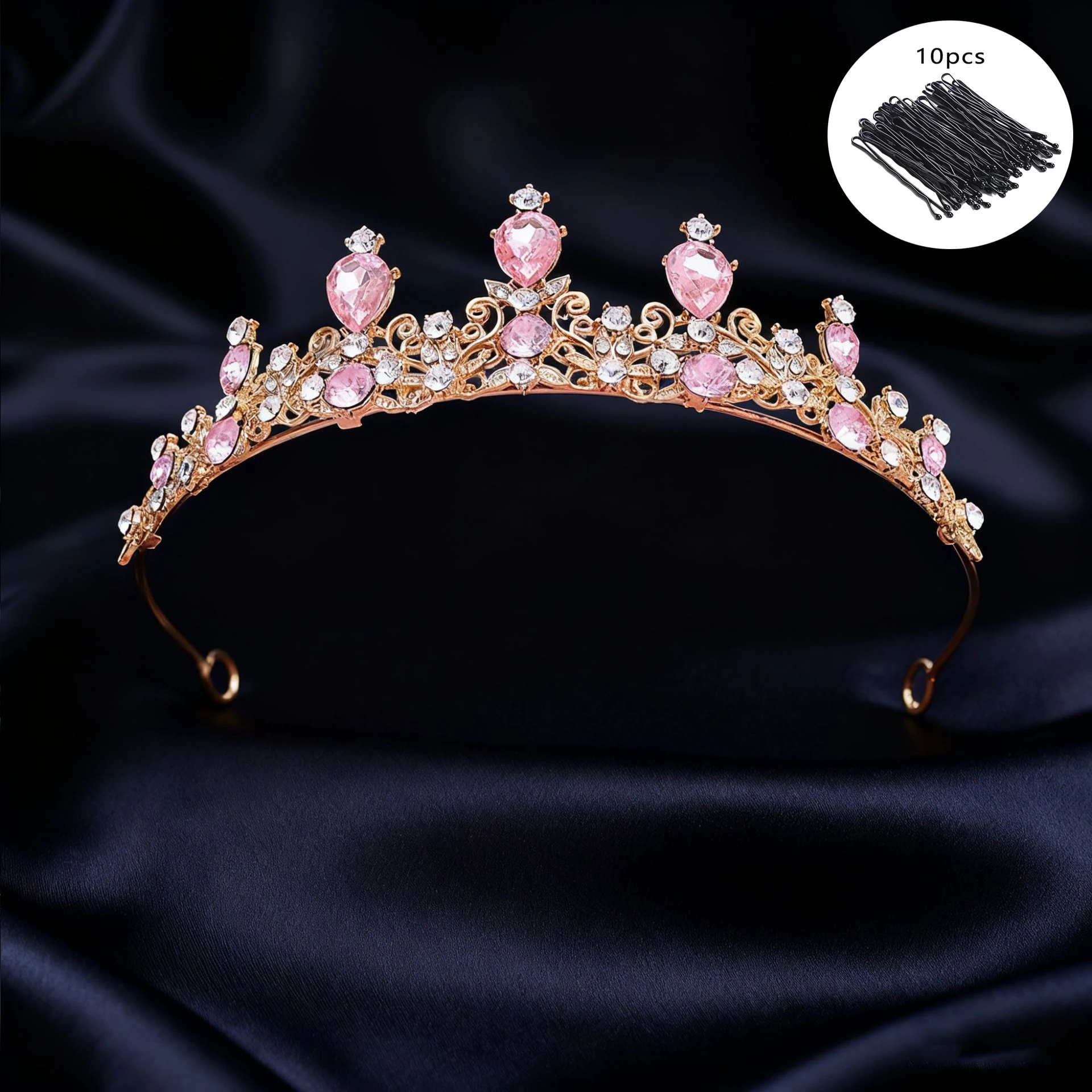 Bridal Tiara Vintage Scroll Rhinestone Queen Crown 10Pcs Bobby Pins Elegant Sparkling Headpiece Wedding Pageant Formal Events view 3