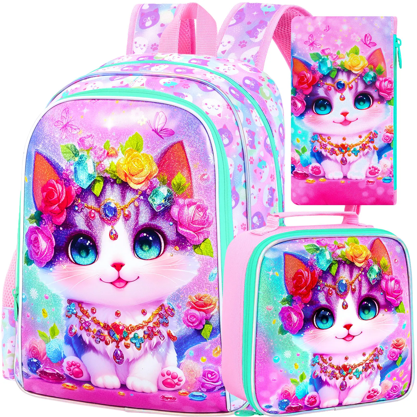 

16" Cat Backpack for School, Girls Kids Bookbag with Lunch Box，3Pcs Backpacks for Elementary Preschool Kindergarten (Pink)