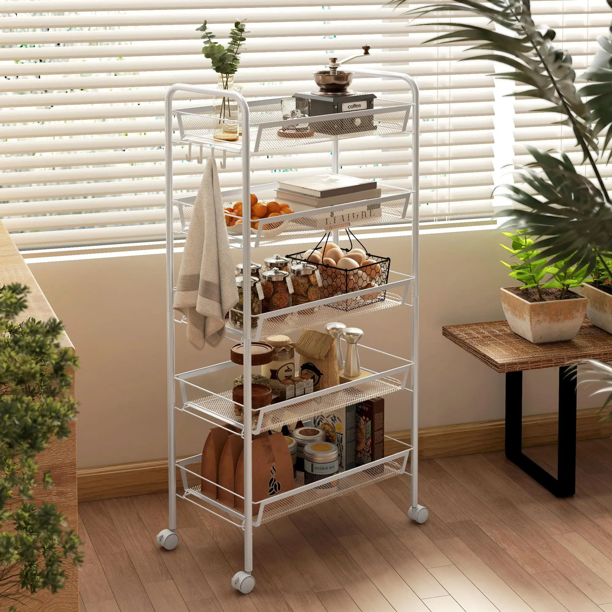 Carrito de almacenamiento de acero inoxidable blanco de 5 niveles con ruedas, apilable, para cocina, oficina, garaje y artículos diversos.