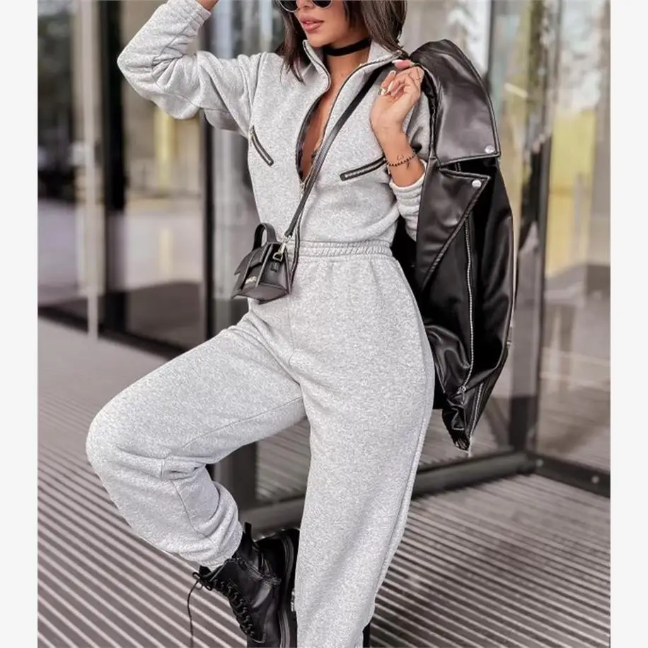 

Повседневный монокоматический комбинезон на молнии с высокой талией, уличные длинные брюки, цельный комбинезон из полиэстера с застежкой на талии