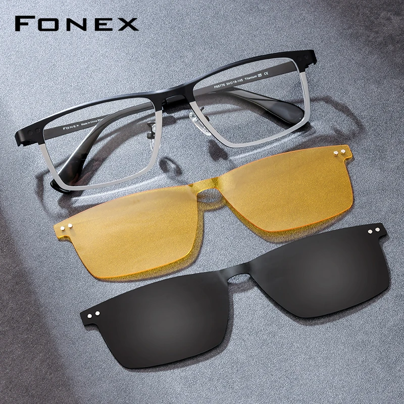 FONEX Pure Titanium Eyeglasses Frames Men 2026 New Square Eyewear Magnet Clip Glasses with Night Vision & Polarized Lens 85776