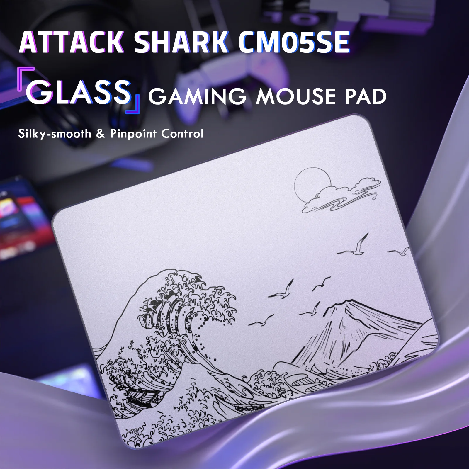 ATTACK SHARK CM05SE Tempered Glass Mouse Pad, 9H Hardness Anti-Scratch, Nano Etched Ultra-Smooth Surface, Non-Slip PU Base