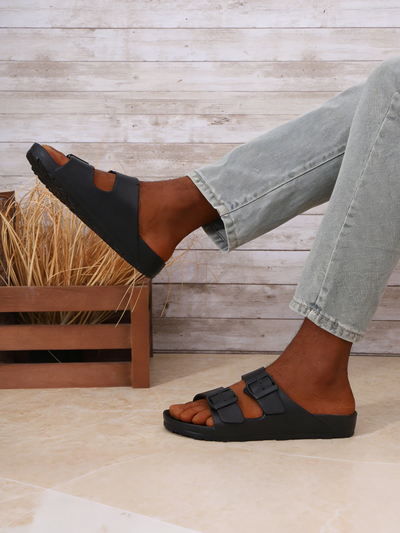 Men's Casual Simple Flat-Soled Adjustable Buckle Double-Bar Eva One-Piece Slip-On Slippers, Comfortable, Breathable, Lightweight Beach Slippers