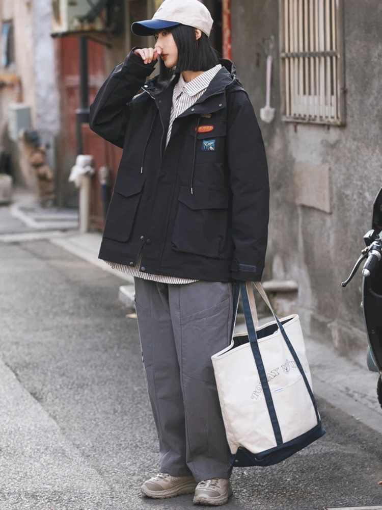 Baggy แจ็คเก็ตผู้หญิงกระเป๋าคอเต่าอารมณ์อบอุ่นฤดูใบไม้ผลิเกาหลีสไตล์ Harajuku แฟชั่นอินเทรนด์นุ่ม Streetwear คลาสสิก