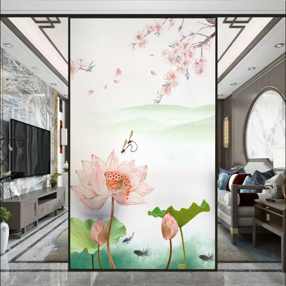 

Privacy Glass Decorative Film Lotus Pattern Heat Insulation Window Film Bathroom Home Glass Window Door Electrostatic Sticker