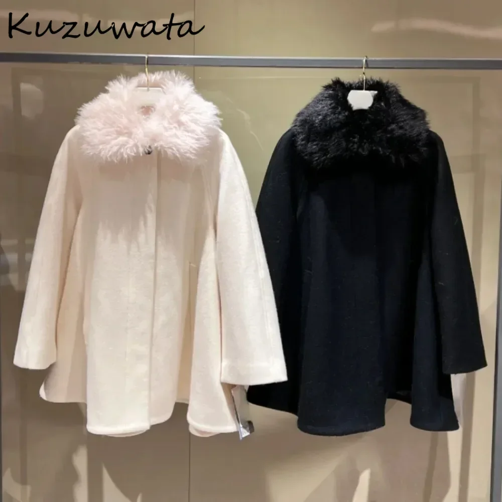 Kuzuwata Vintage Stand Collar Long Sleeve Wool Coat Fluffy Collar Mid-length Harajuku Jacket Japan New Cloak Shawl Warm Outwears