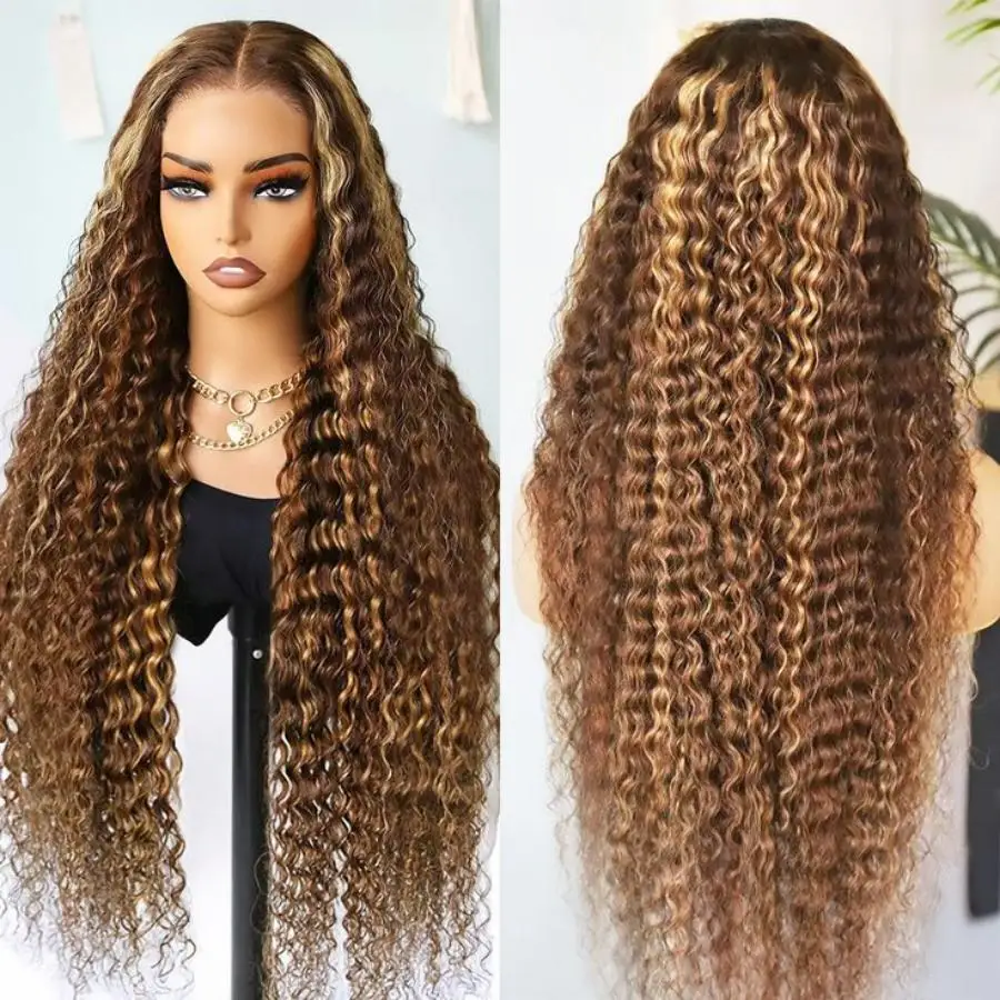 

Ombre Brown Colored Wig P4/27 Honey Blonde 13x6 HD Lace Front Wig Highlight Deep Wave Human Hair Curly Wig 40 30 Inch Preplucked