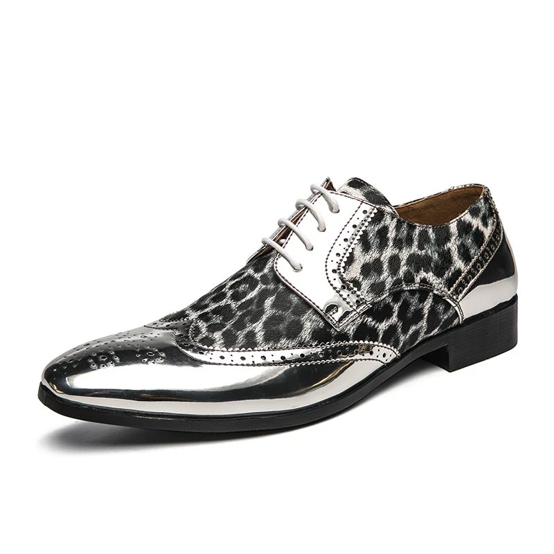 Zapatos de cuero Derby con leopardo dorado para hombre, calzado de lujo con cordones Brogue, Punta puntiaguda, fiesta de boda, escenario, informal