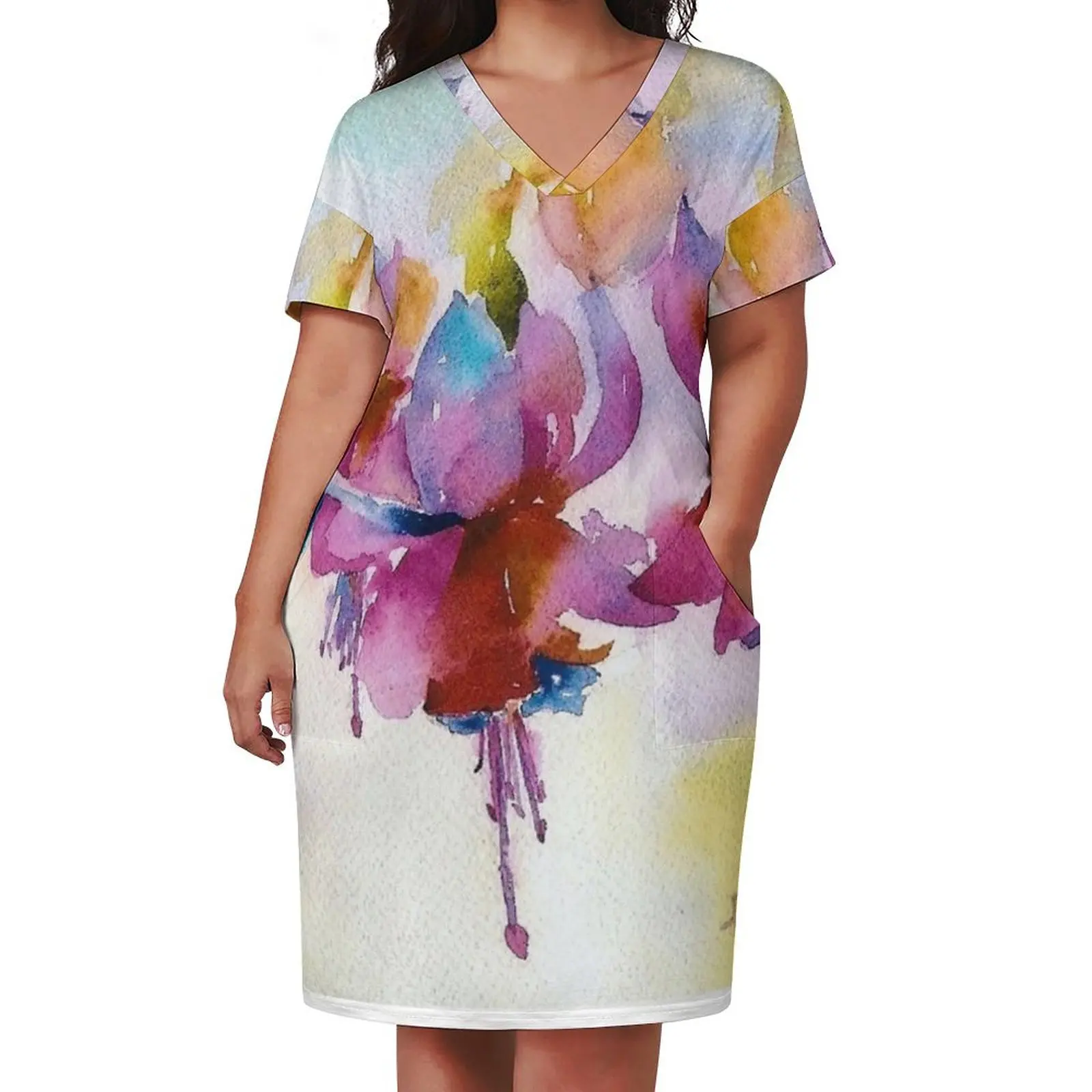 Dancing Fuchsias Watercolor Loose Pocket Dress dress dresses evening dresses women Woman dresses