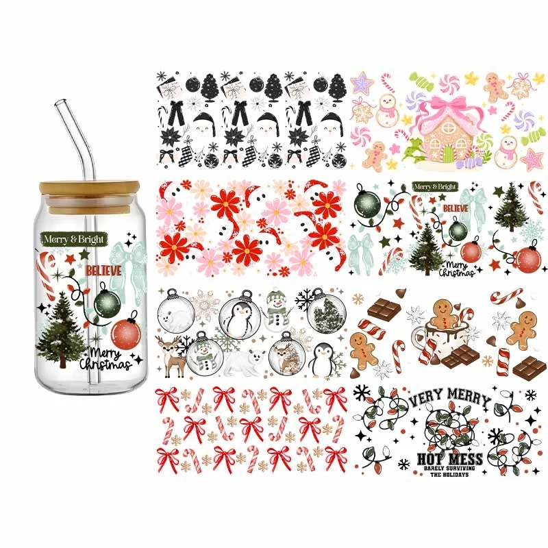 3D Fashion Funny Christmas Transfer Stickers Waterproof UV DTF Cup Mug Bows Sticker DIY Wrap Decal For 16oz Libbey Glass