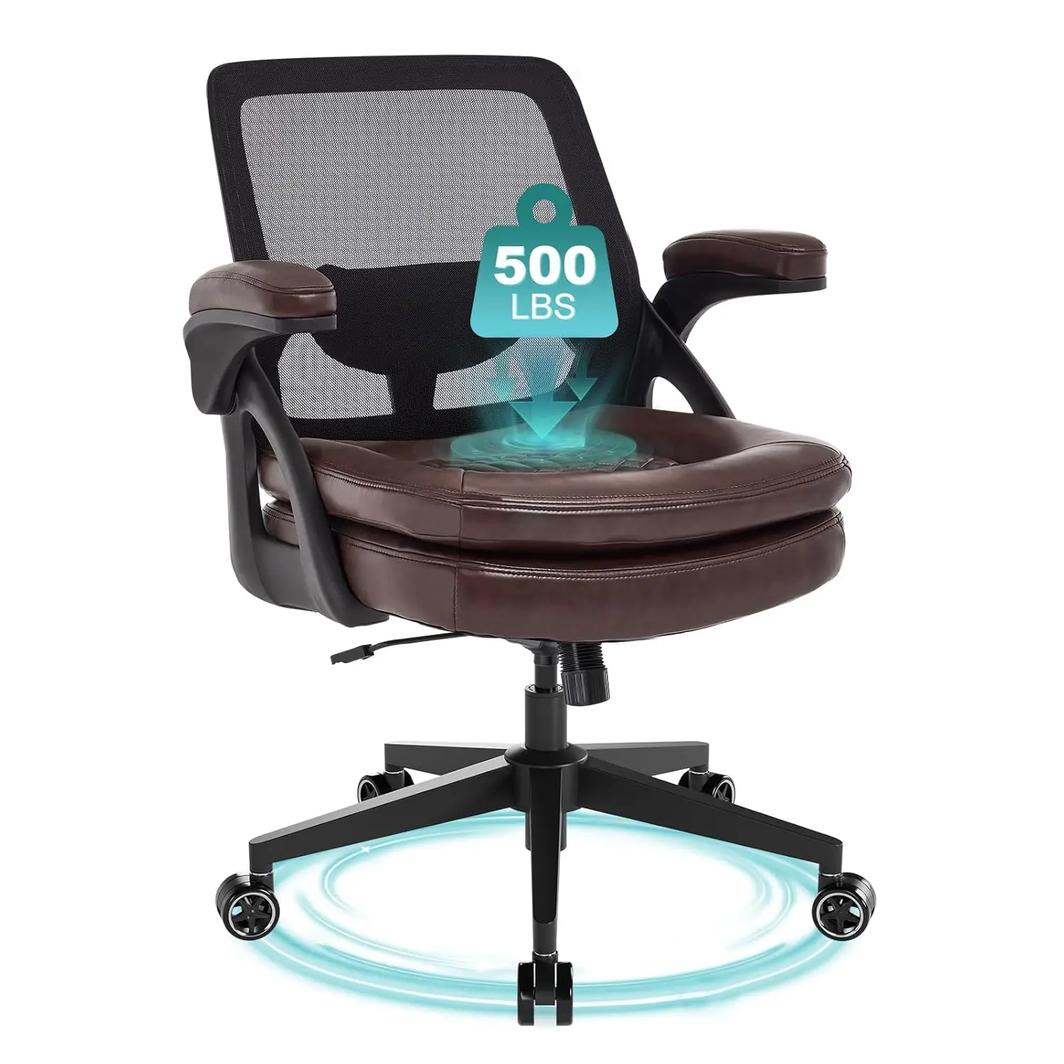 Big and Tall Office Chair, 500lbs Heavy Duty Ergonomic Mesh, Brown | Flip-Up Armrests, Plus Size PU Leather Wide, Customized