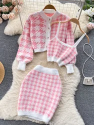 Ensemble Cardigan + Camisole + Jupe pour Fille, Pull Court, Mini Jupe, Tenue Décontractée, Mode Coréenne