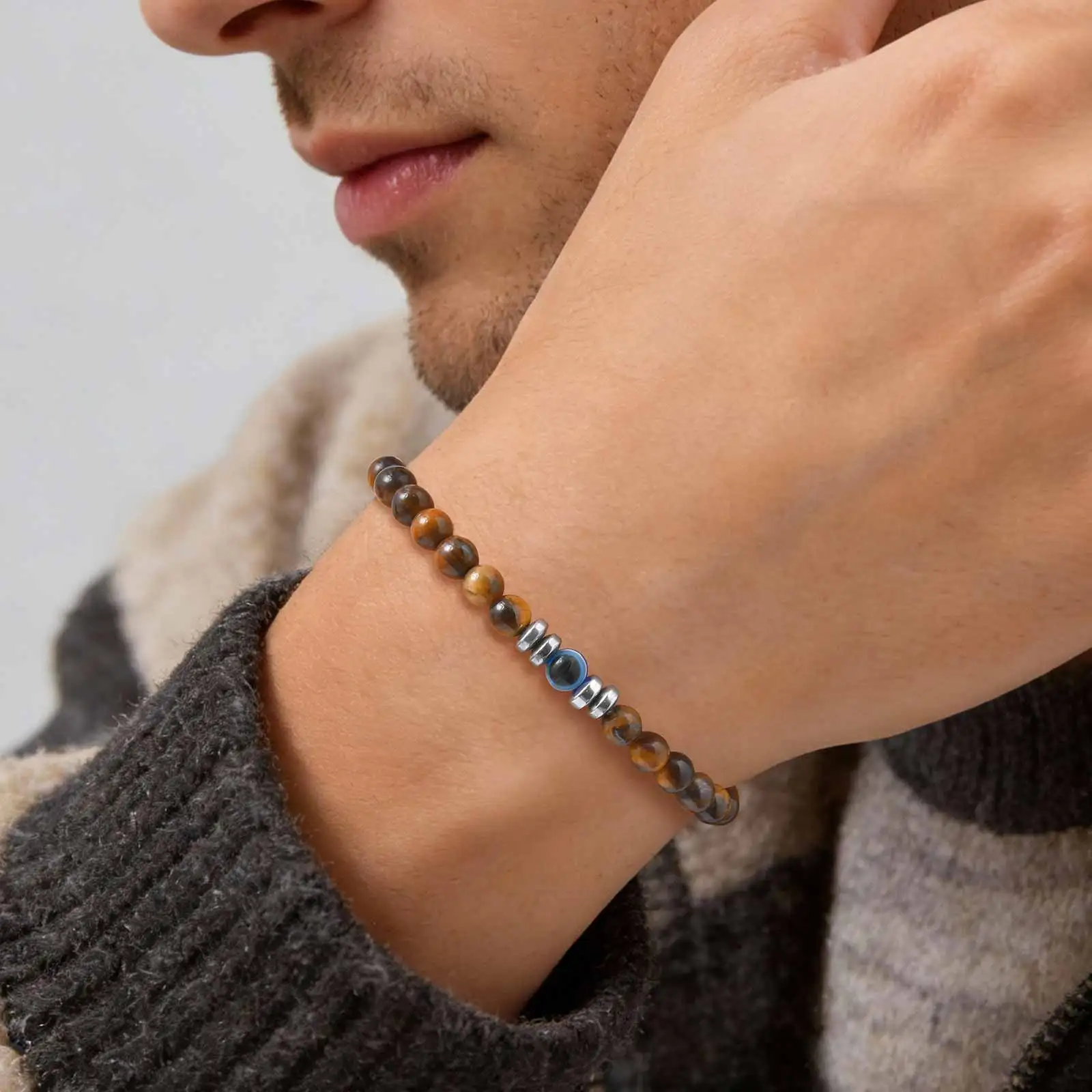 Minimalist Evil Eye Charm Bracelet for Men Women, Tiger Eye Natural Stone Beads Chain Bracelets, Trendy Amulet Jewelry Gift