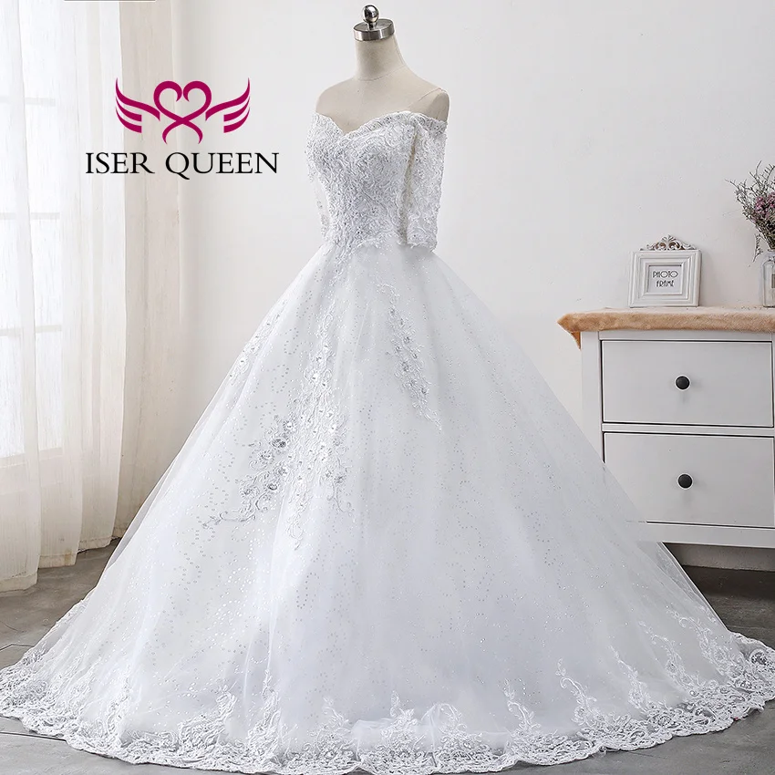 Aangepaste Klassieke Kant Applicaties Kralen Trouwjurk Halve Mouwen Uit De Schouder Plus Size Afrikaanse Trouwjurk WX0001