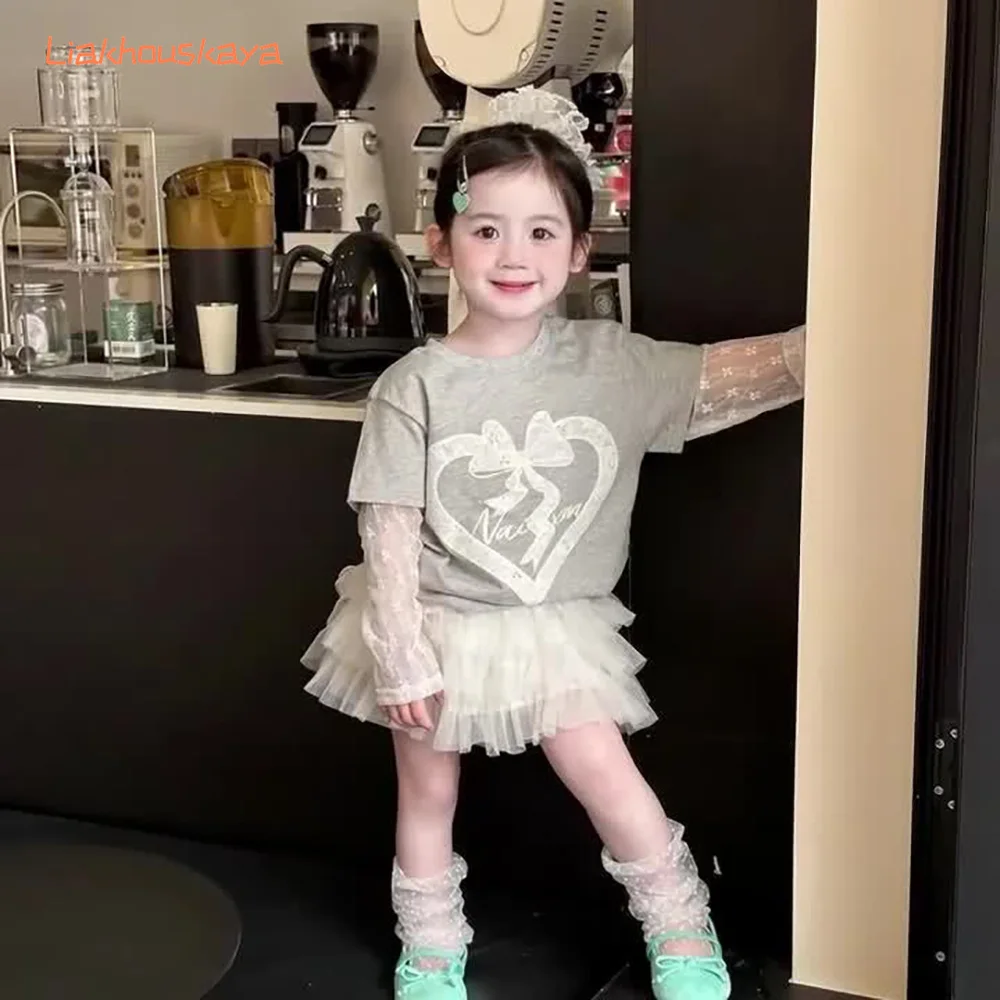 2Pcs Girls Outfits Lace Fake Two Piece Heart Bow T-shirt Mesh Cake Skirt Set Sweet Fashion Kids Clothes For 2-10 Years Old