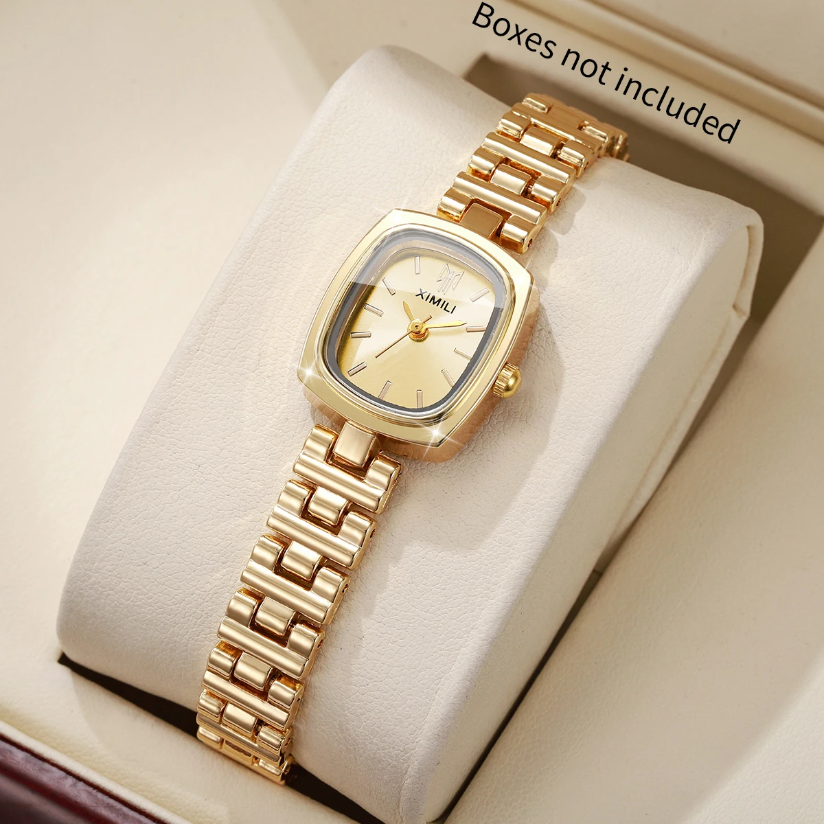 Women's Gold Plated Square Quartz Watch with Champagne Dial Luxury Steel Band Wristwatch for Daily Party Gift