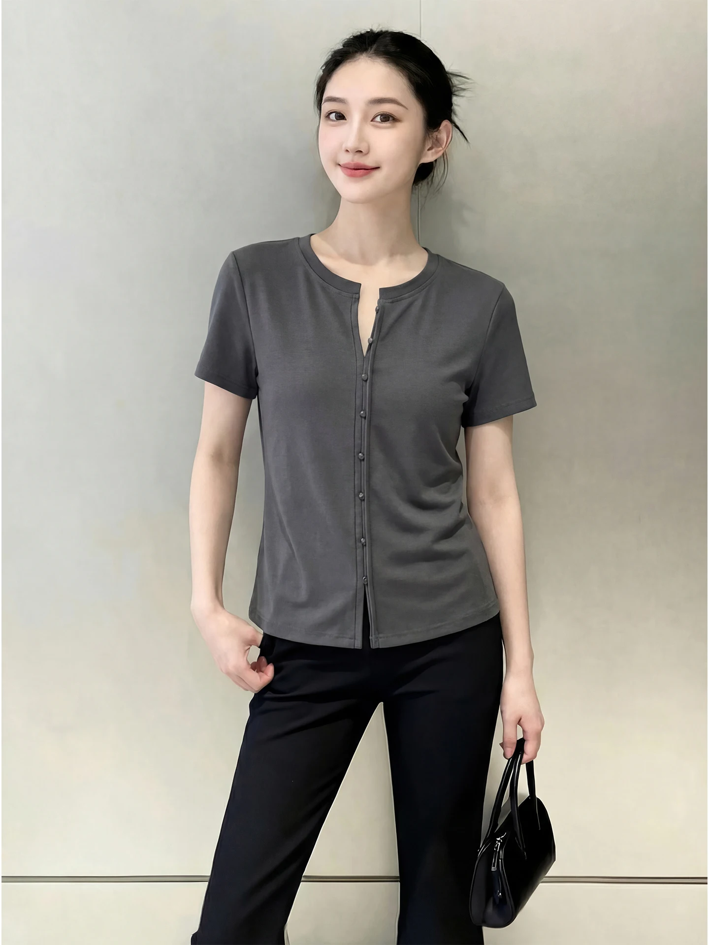 

ay V-ne ort Sve T-irt Women's Slimming Versatile Spring Cardigan Top plus Size Faion Design Casual Breathable
