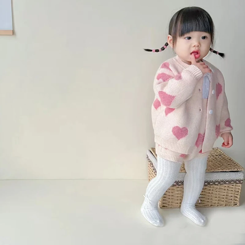 Autumn Winter Newborn Baby Girl Clothes Knit Embroidered Love Suit Long Sleeve Cardigan+Jumpsuit Children 2Pcs Knit Clothing Set