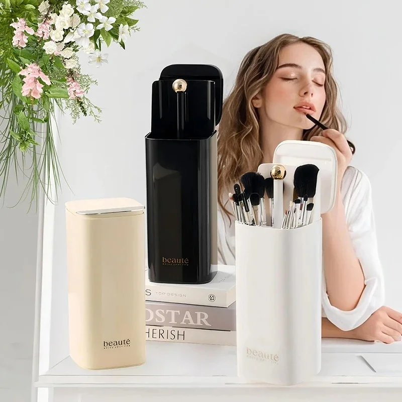 Support de pinceaux de maquillage à levage automatique, anti-poussière, pour bureau, rangement pour outils de maquillage, rouges à lèvres et crayons à sourcils