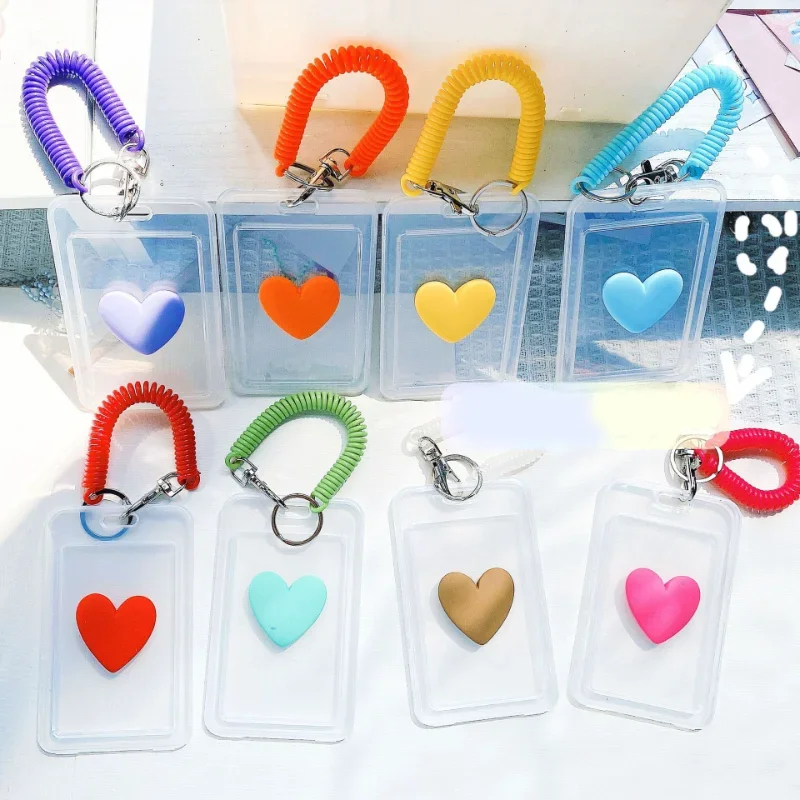 1PCS Credit Card Holder Cases with Keychain Transparent Bank Id Bus Business Protector Cover Bags for Student Women Love Heart