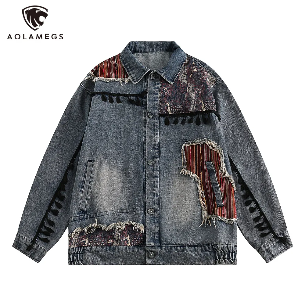 

High Sense Men's Ethic Style Striped Patchwork Washed Denim Jackets Small Tassel Raw Edge Lapel Button Jeans Jacket All-match