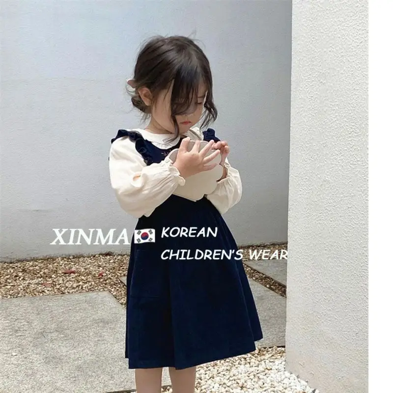 New Girls Dress Set Embroidered Corduroy Suspender Skirt Stylish Baby Collar Shirt Autumn Skirt 2-piece Set Sweet Casual