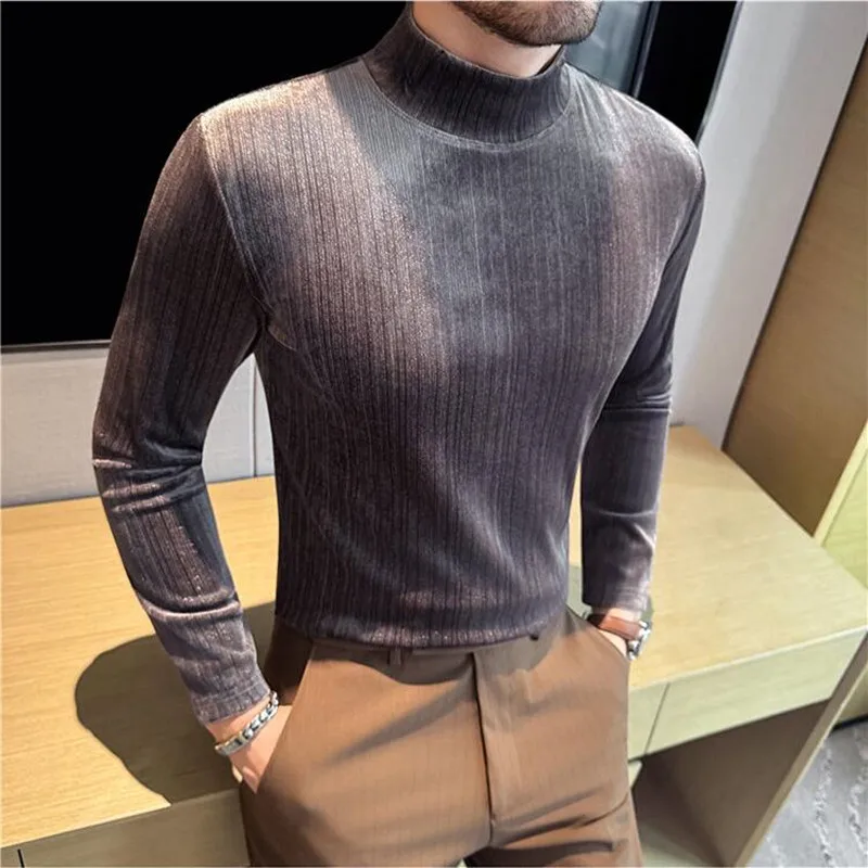 Autumn Winter New Thicken Shiny Silver Striped Velvet T-Shirt Men's Half High Neck Long Sleeved Slim Fit Casual Elastic Tee 4XL