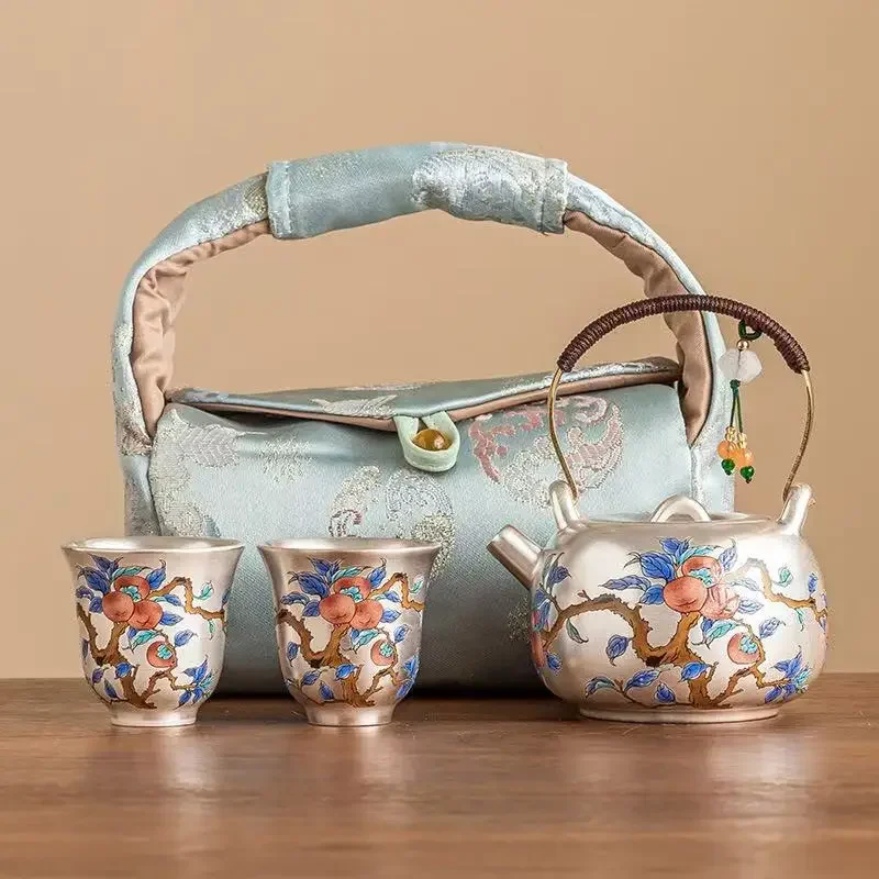 Hand-painted 999 Silver Light Luxury KungFu Travel TeaSet Persimmon Ruyi Beam Pot Portable 1Pot 2Cup Exquisite High-end Souvenir