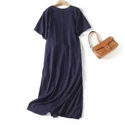 Maxdutti French Fashion Clothing Moroccan Style Navy Blue V-neck Loose Holiday Dress Elegant Retro Linen Sashes Dress For Women