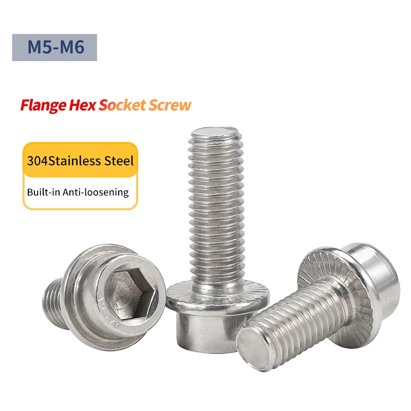 304 Stainless Steel Cylinder Head Flange Bolt, M5 M6 Hex Socket Screw with Washer, Anti-slip Anti-loosening Fastener 20/40Pcs