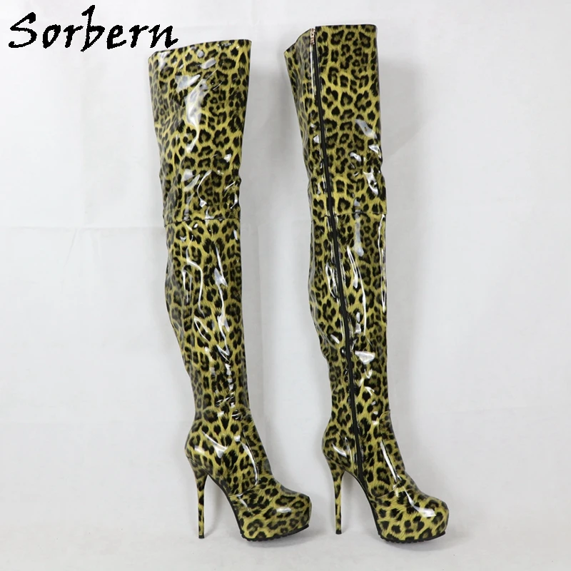 Sorbern Leopard Patent Over The Knee Boots Round Toe Custom Shaft Length/Calf Width Stilettos High Heel Thigh High Boots