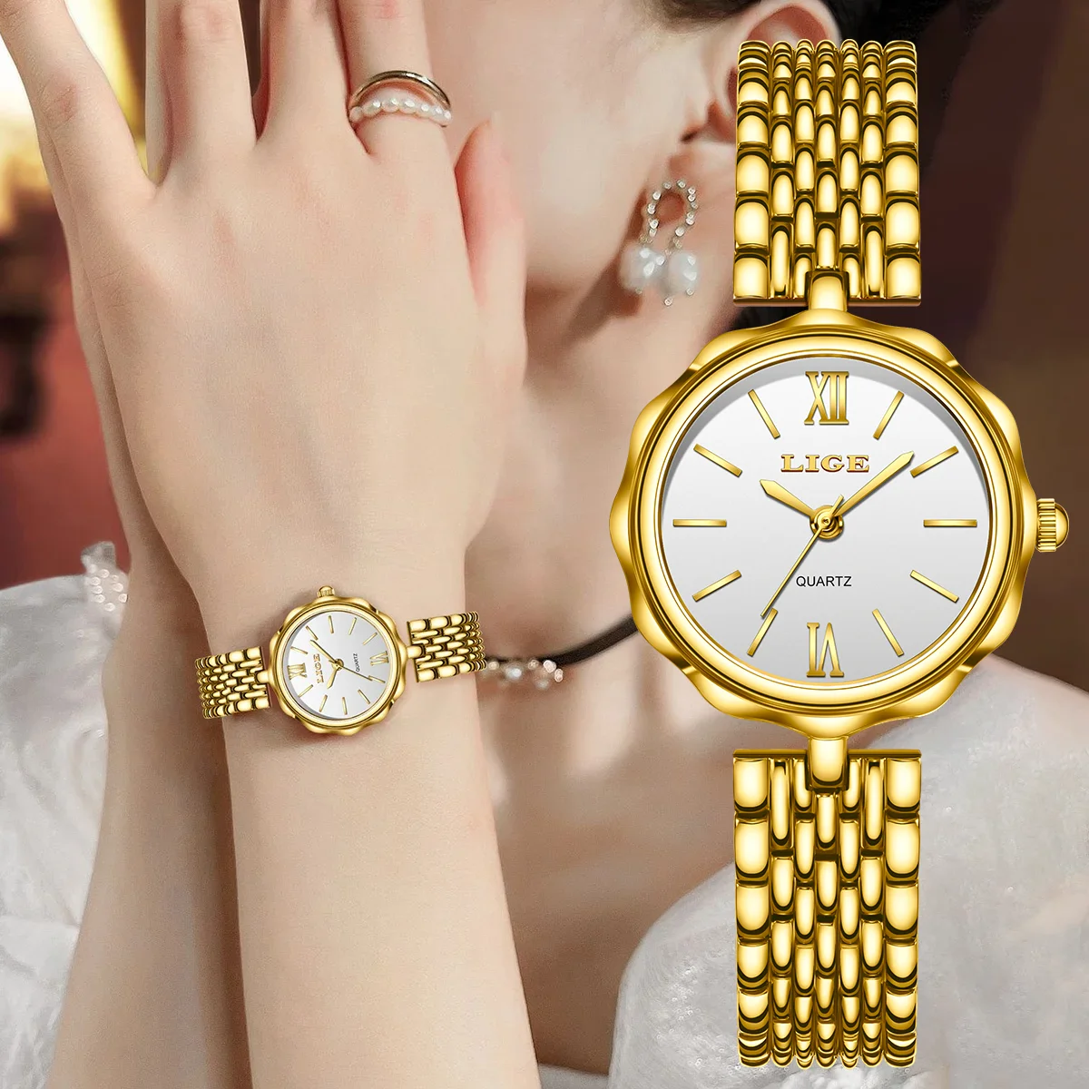 

LIGE Women Luxury Watches Fashion Gold Stainless Steel Quartz Wristwatches Simple Dial Waterproof Watches for Woman Reloj Mujer