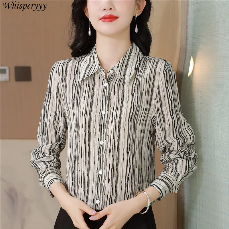 Blouses for Women Fashion Spring New Printed Loose Long-sleeved Striped Tops Female Turn-down Collar Single-breasted Shirt