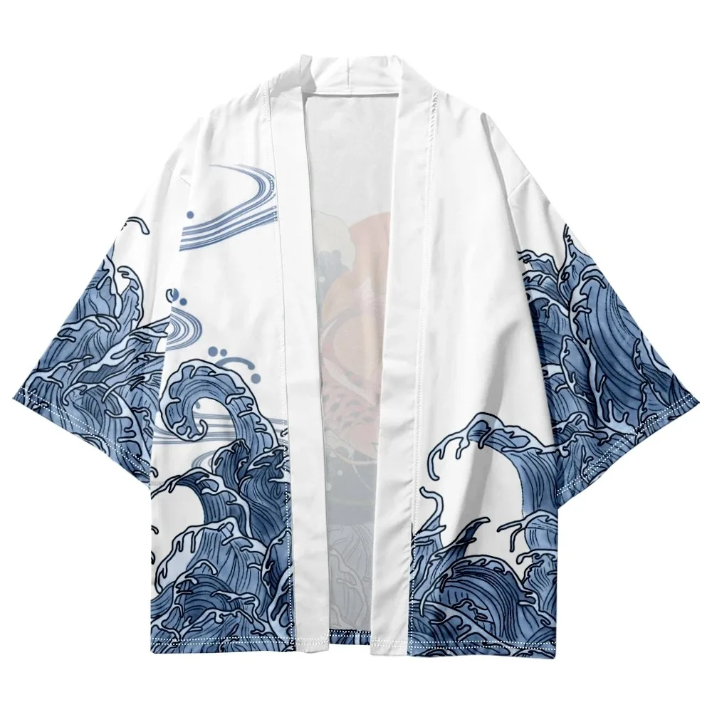 Summer Japanese Kimono for Men/Women Harajuku Wave Carp Print Traditional Bathrobes Short Sleeves Beach Shirt Chic Kimono Mujer